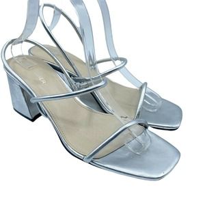 Nine West Galvin Slingback Sandals Womens 10 M Silver Slip On Block Heel Leather